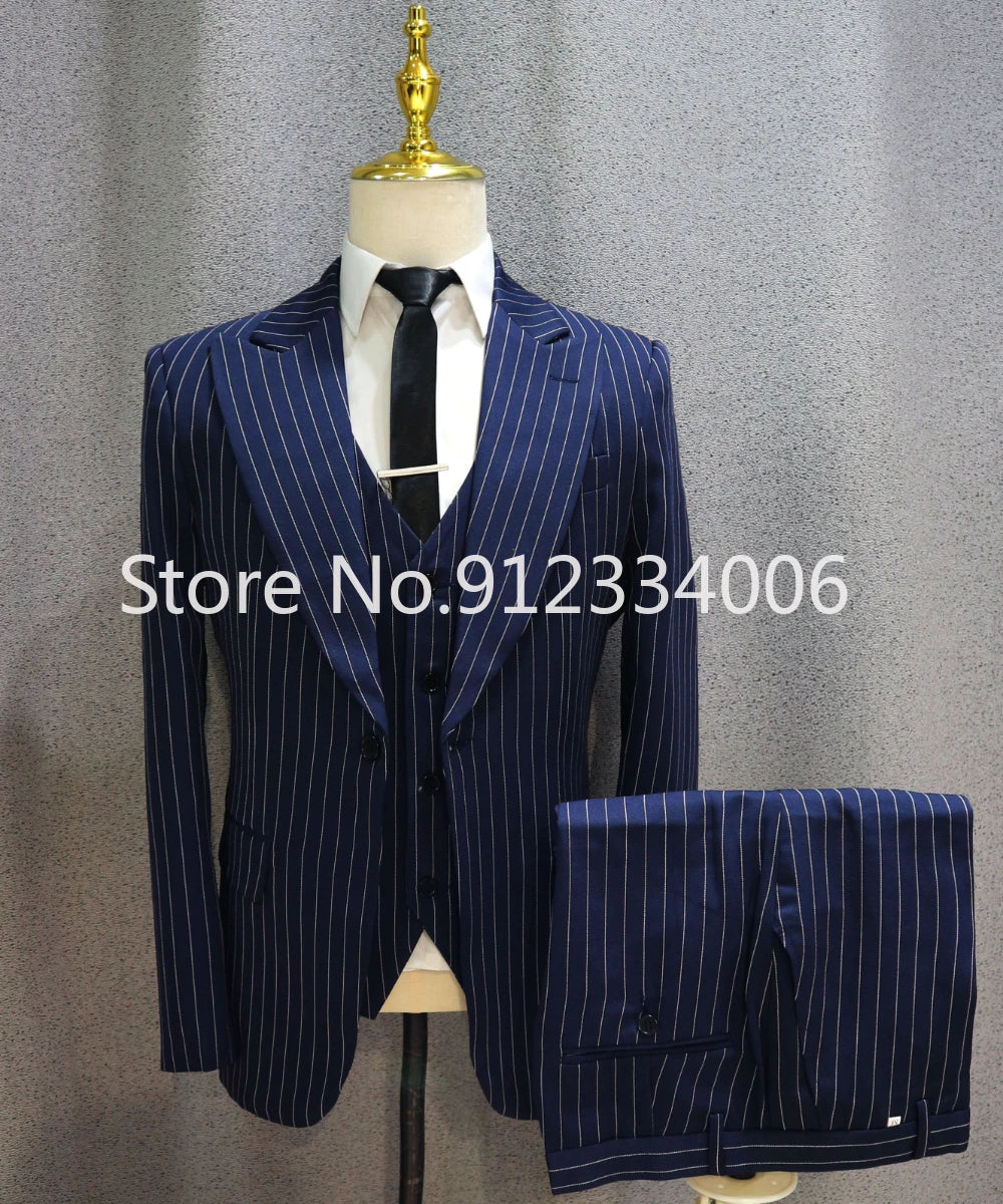 2021 Men's Suits Stripe Men's Blazer Wedding Male Groom Tuxedos Suit with Pants 3 Pieces (Jacket+Pants+Vest) Costume Homme