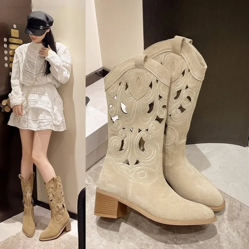 Hollow Embroidered Vintage Western Boots Women 2023 Autumn Chunky Heels Knee High Cowboy Boots Woman Pu Leather Knight Booties