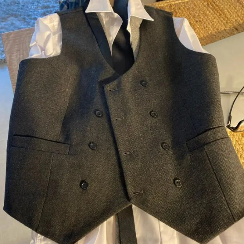 V Neck Men's  Suit Vests Herringbone Wool Tweed Double Breasted Waistcoat Tuxedo Groomsmen For  Wedding