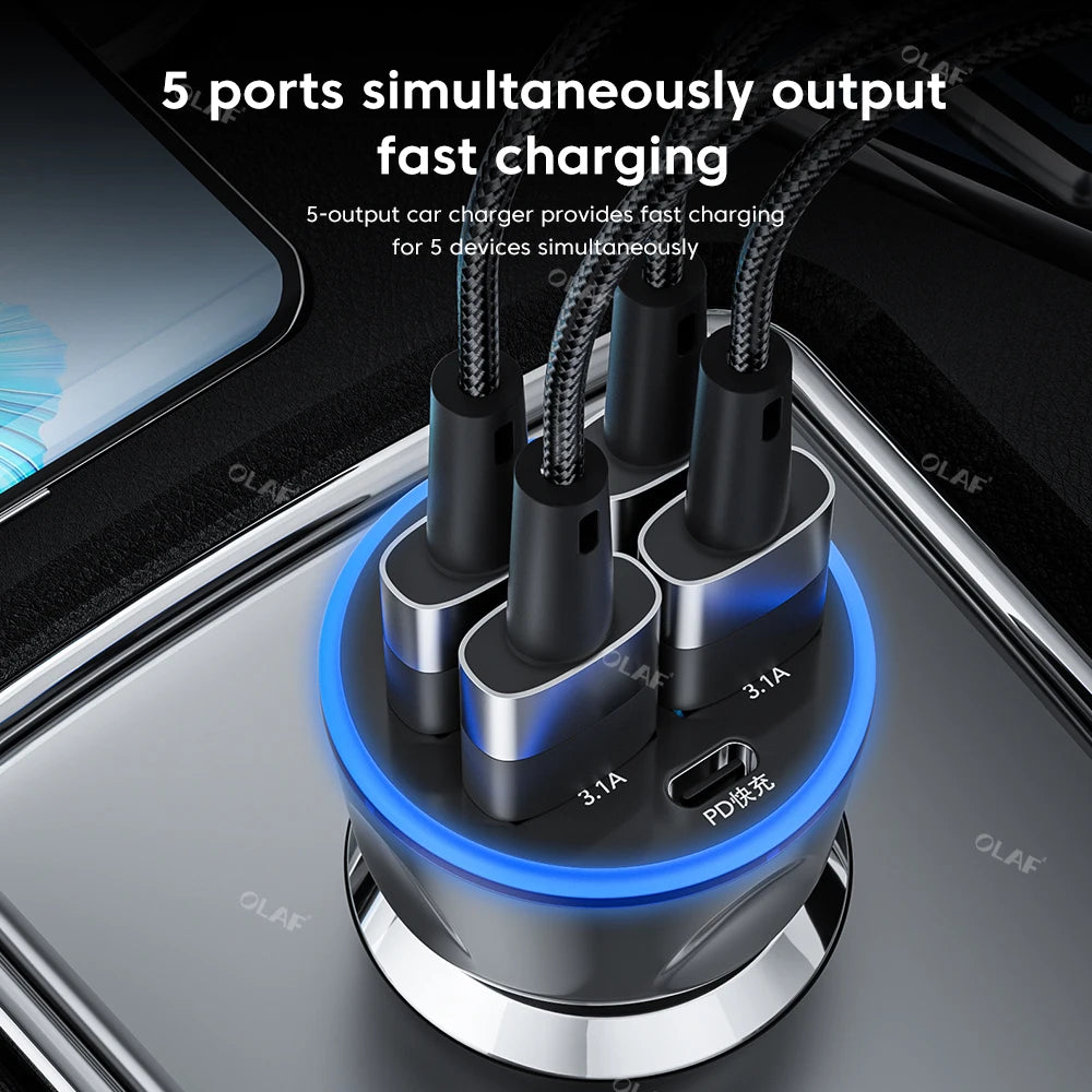 5 Ports 250W Car Charger Fast Charging PD QC3.0 USB C Car Phone Charger Type C Adapter in Car For iphone Samsung Huawei Xiaomi