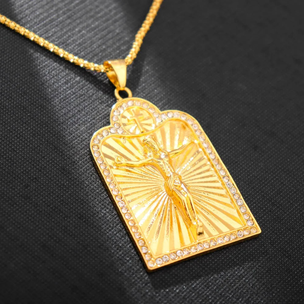 New Shiny Golden Men and Women Hip-Hop Jesus Cross Necklace Religious Pendant Necklace Banquet Party Souvenir Gift Wholesale