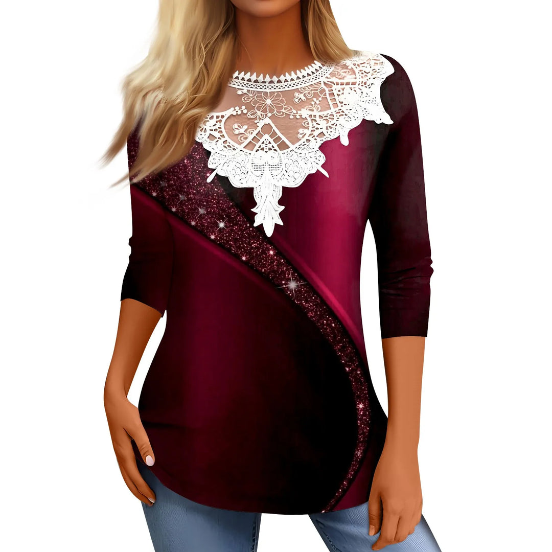 Women's Lace Stitched T-shirt Long Sleeve Tunic Loose Tops Casual Retro Gradient Print Lace T-shirt Street Tops 2024 New