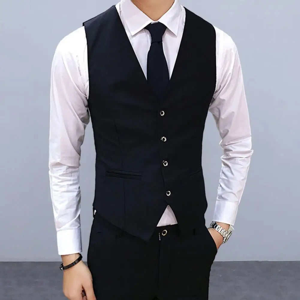 Men Formal Vest Slim Fit V-neck Men's Suit Vest Formal Business Waistcoat for Groom Wedding Coat Single-breasted Cardigan Style