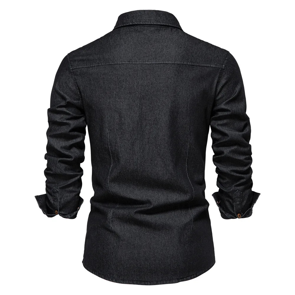 Spring Long Sleeve Men's Denim Shirt High Quality Cotton Elastic Casual Slim Fit Streetwear Clothing Cowboy Shirts Men Black