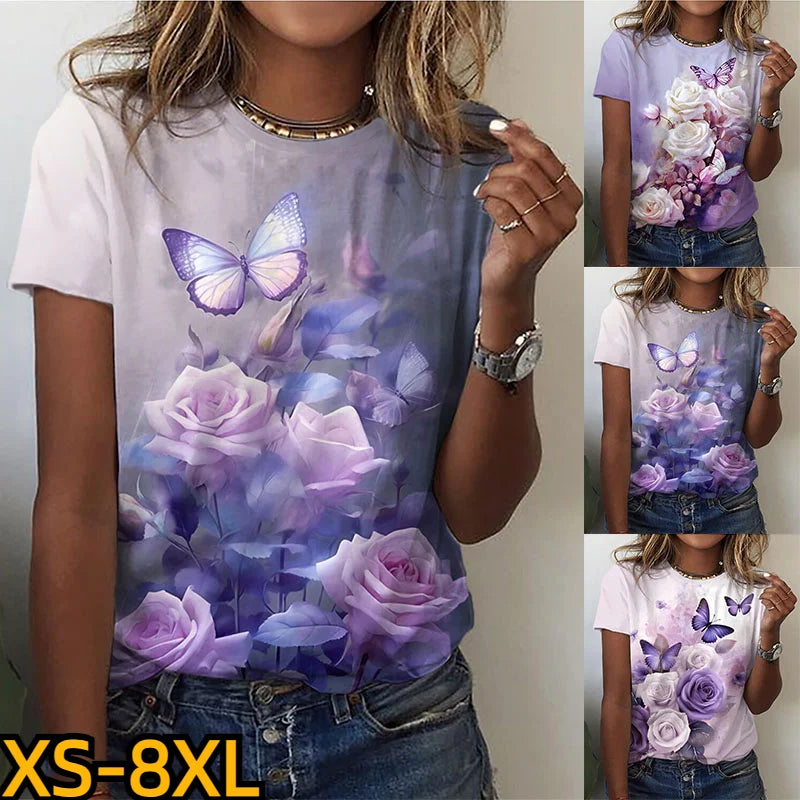 2023 Summer Women Short-sleeved Crew Neck Top Fashion Loose Pullover Daily Street Butterfly Printed Clothes T-shirt XS-8XL