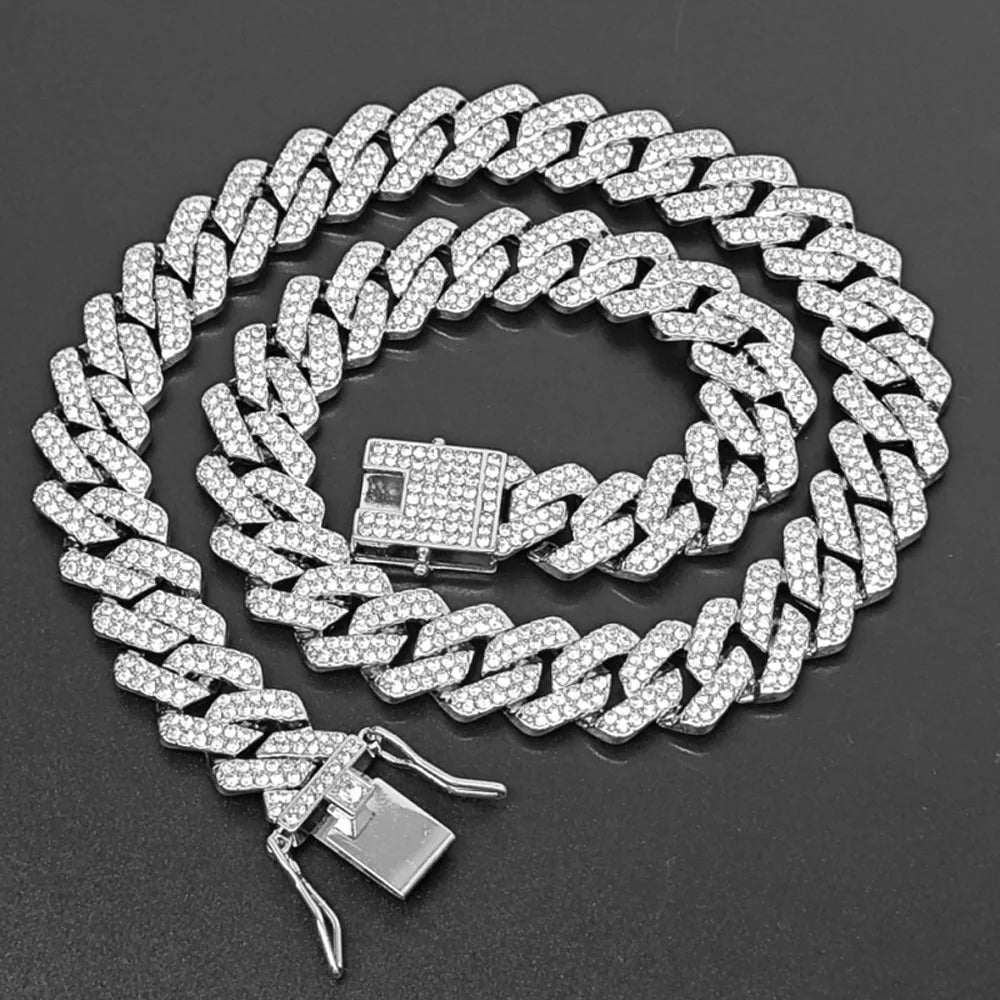 HipHop Men Women 14MM Prong Cuban Link Chain Necklace Bling Iced Out 2 Row Rhinestone Paved Miami Rhombus Cuban Bracelet Jewelry