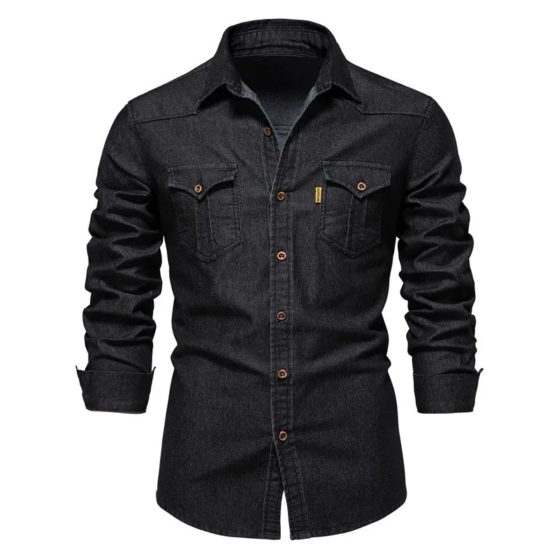 Spring Long Sleeve Men's Denim Shirt High Quality Cotton Elastic Casual Slim Fit Streetwear Clothing Cowboy Shirts Men Black