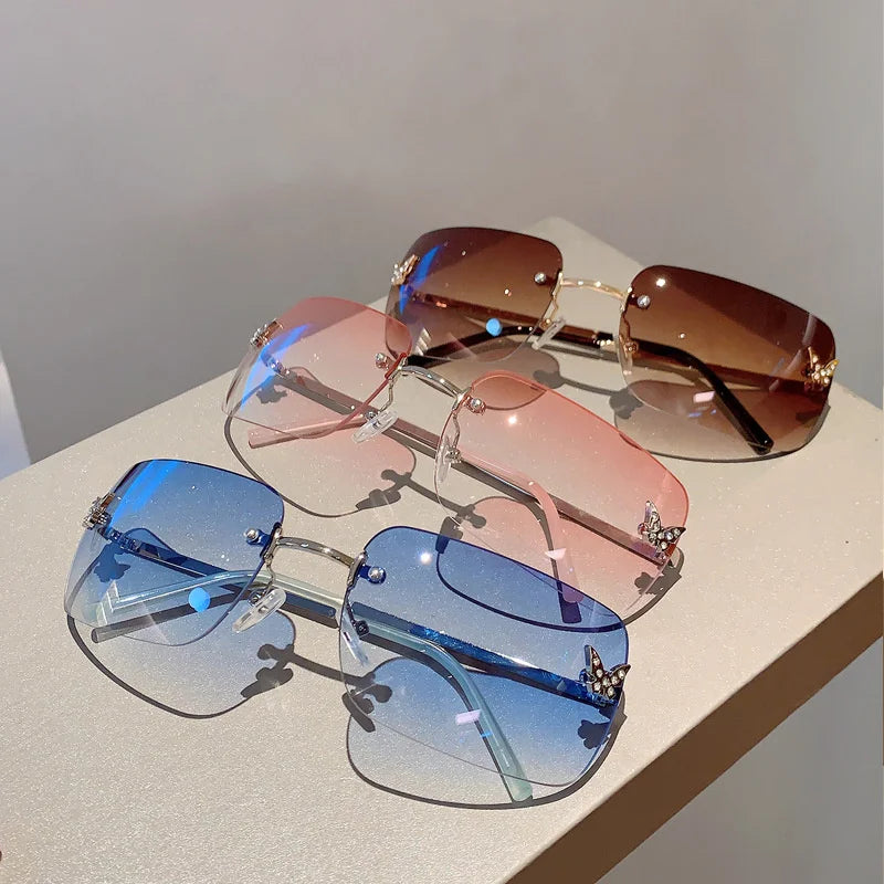 Fashion Vintage Rimless Square Sunglasses Women Men Luxury Brand Designer Popular Travel Driving Metal Leopard Head Sun Glasses