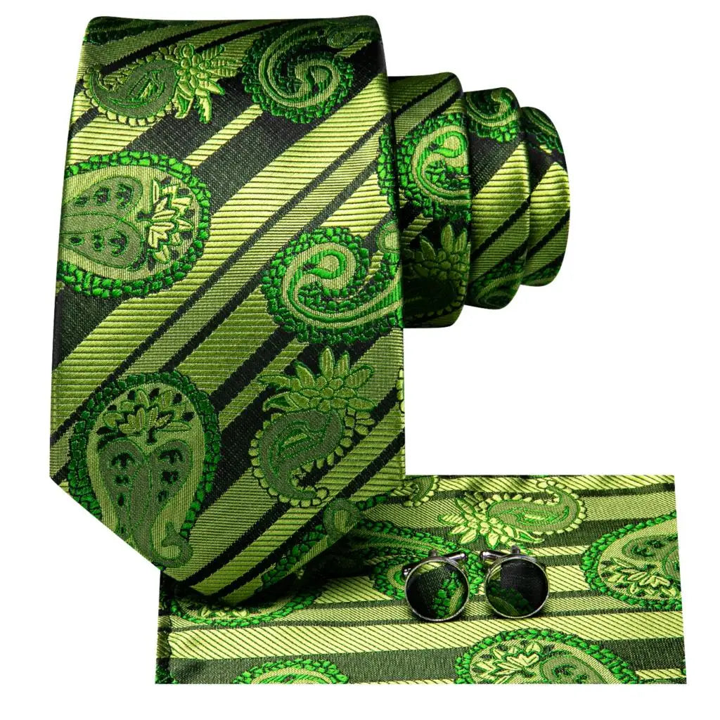 Hi-Tie Designer Striped Green Ties For Men Wedding Party Necktie Luxury Hanky Cufflinks Silk Tie Set Gift For Men Wholesale