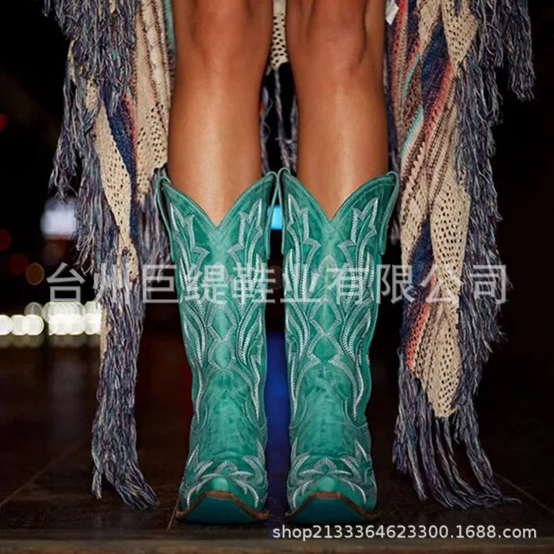 Embroidery Cowboy Boots For Women Knee High Med Calf Vintage Western Cowgirl Boots Women Heeled Casual Shoes Autumn Block Heel