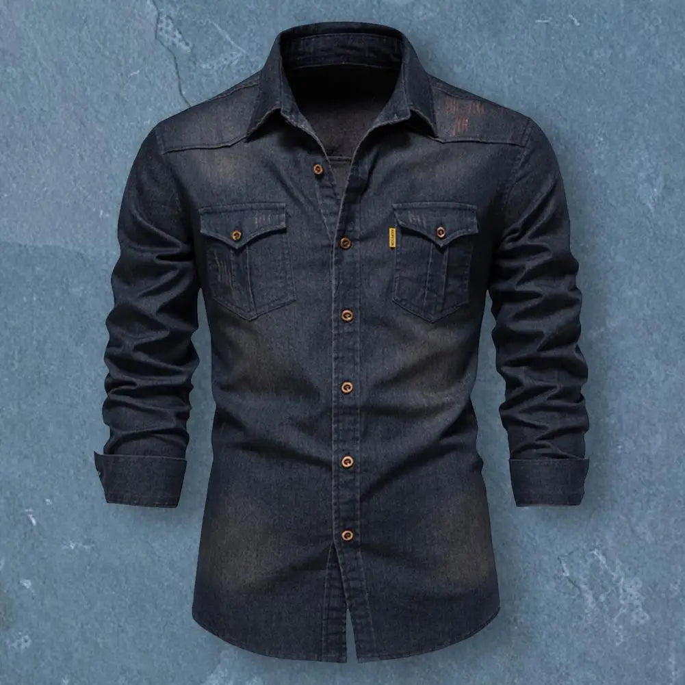 Men Denim Shirt Flap Pocket Turn-down Collar Shirt Long Sleeve Quality Cowboy Shirts Men Casual Slim Fit Mens Designer Clothing