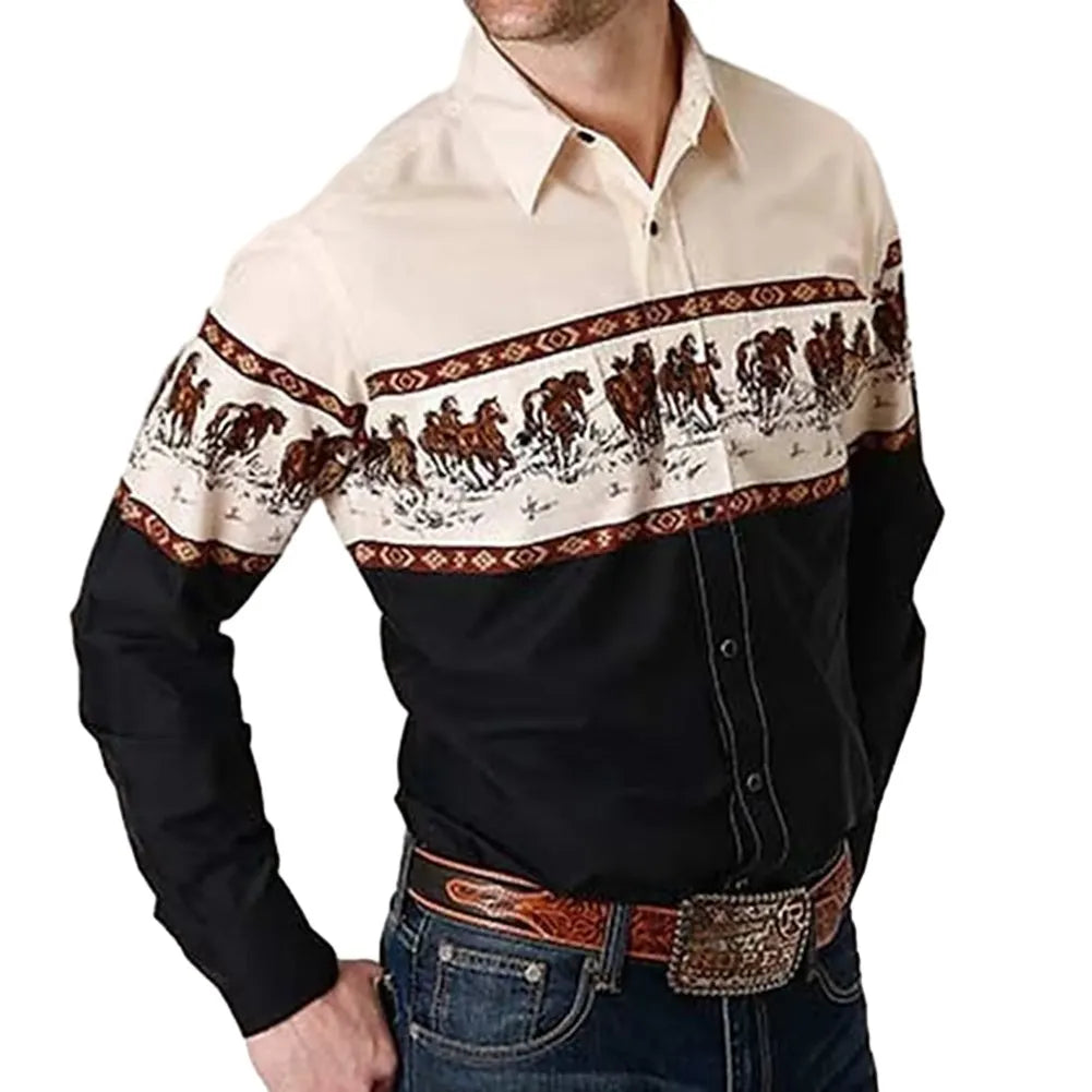 Fashion Western Tribal Ethnic Horse Print Shirts And Blouses Long Sleeve Casual Slim Button Dress Tops Clothing Shirt For Men