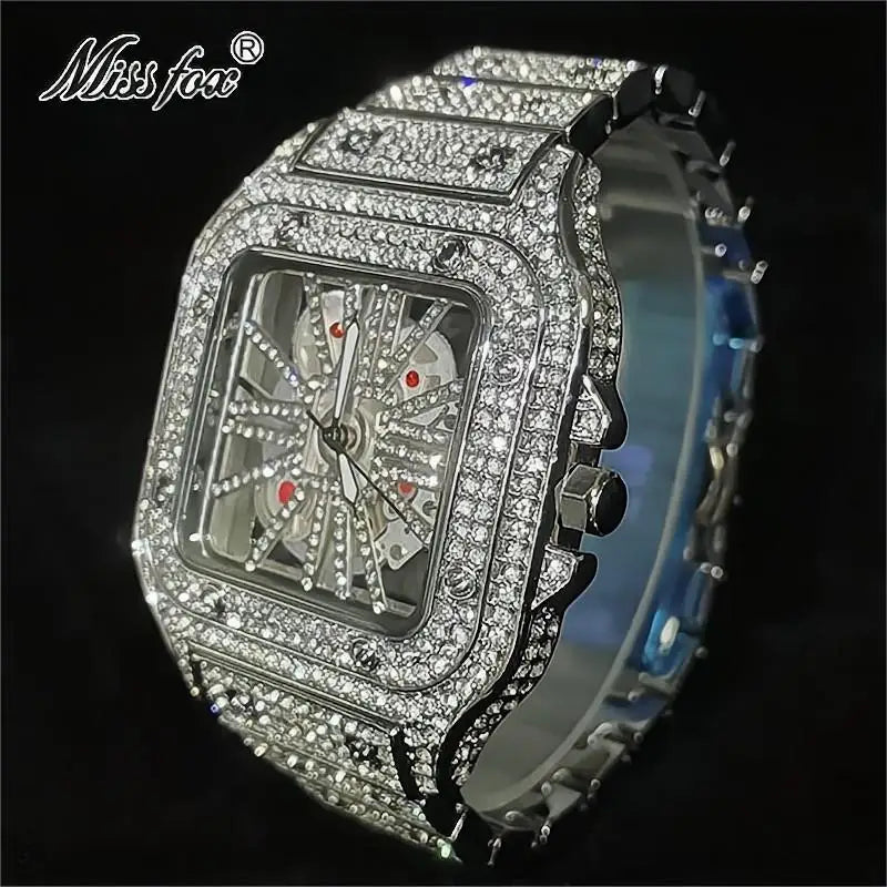 2023 MISSFOX Iced Out Mens Watches Luxury Brand Waterproof Fashion Quartz Wristwatch Hip Hop Diamond Skeleton AAA Clocks Reloj