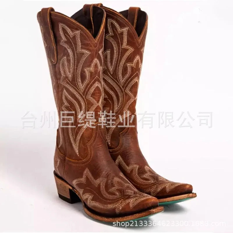 Embroidery Cowboy Boots For Women Knee High Med Calf Vintage Western Cowgirl Boots Women Heeled Casual Shoes Autumn Block Heel