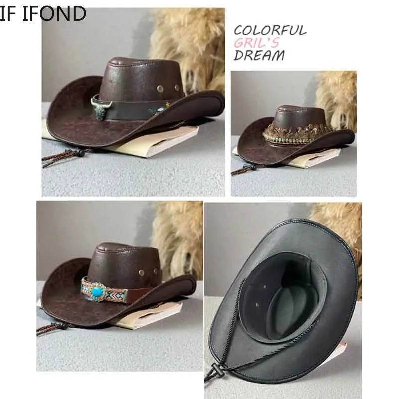 Fashion Cow Head Decorate Western Cowboy Hat Faux Leather Vintage Gentleman Jazz Hats For Men Panama Cowgirl Hat