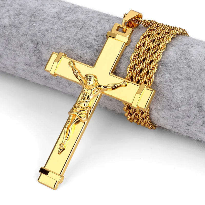 High quality 24K Gold Plated Jesus Christ Cross Pendant Hip hop Rap Golden Crucifixio Cuban Chain Necklace Men Jewelry