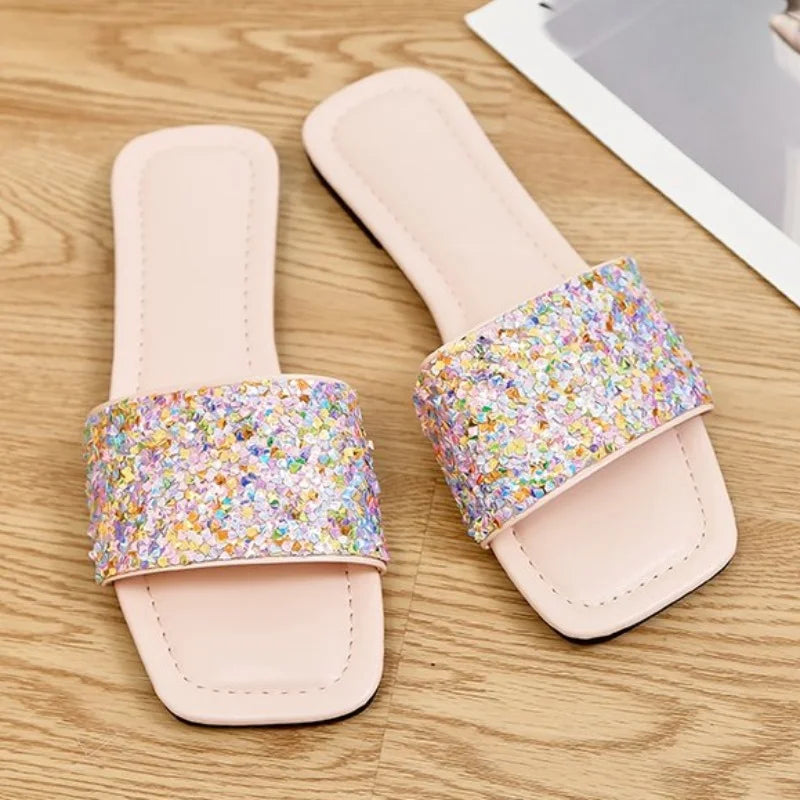 Women's Single Band Flats Sandals Sequin Glamorous Rhinestone Decor Bling Slides Outdoor Fashion Summer Sexy Beach Casual Shoes