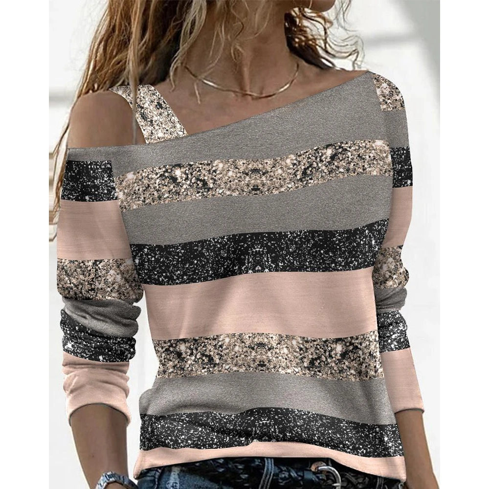 New Fashion Women Marble Print Cold Shoulder Casual Top 2022 Femme Long Sleeve Casual Lady Blouse T Shirt traf