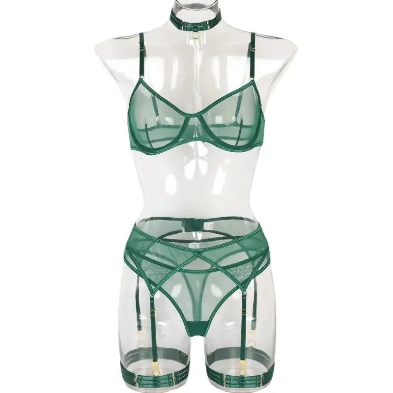 Bikini Fashion Sexy Four-Piece Mesh Stitching High Quality Underwear with Neck Leg Ring