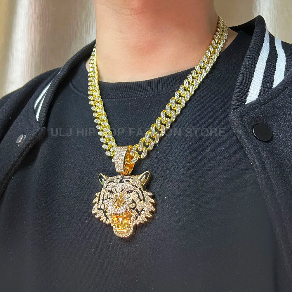 ULJ Men Hip Hop Tiger Head Pendant Necklace with 12mm Miami Cuban Chain Iced Out Bling Male Jewelry