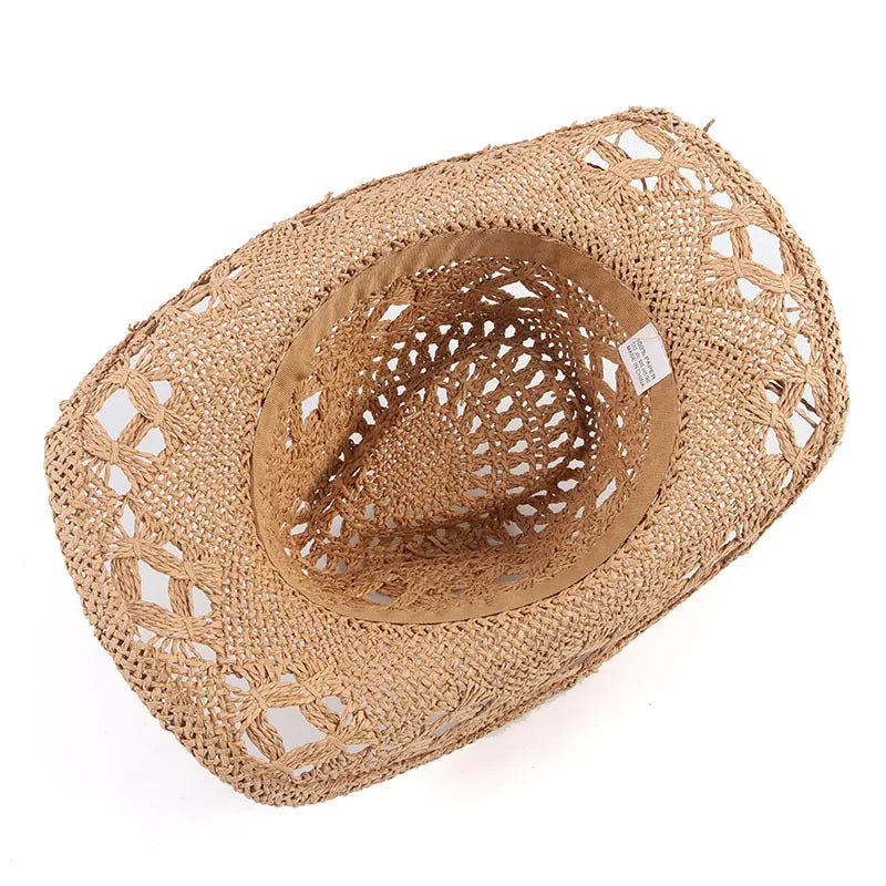 Summer Outdoor Men Women Hand-woven Western Cowboy Straw Hats Wide Brim Breathable Beach Jazz Cap Sun Protection Hat