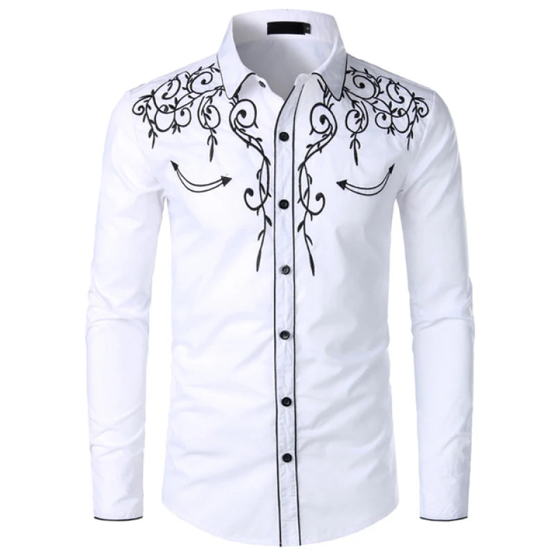 Western Cowboy Embroidery Shirts Men Casual Slim Fit Long Sleeve Party Shirts Stylish Mens Clothing camisetas masculina