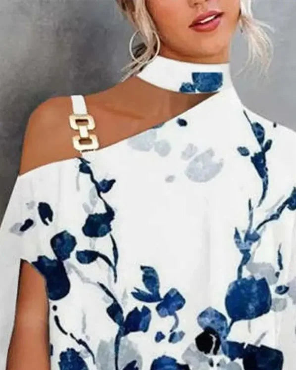 Summer Woman Polyester Floral Print Chain Strap Halter Cold Shoulder Batwing Sleeve Casual Chic Oversized Top