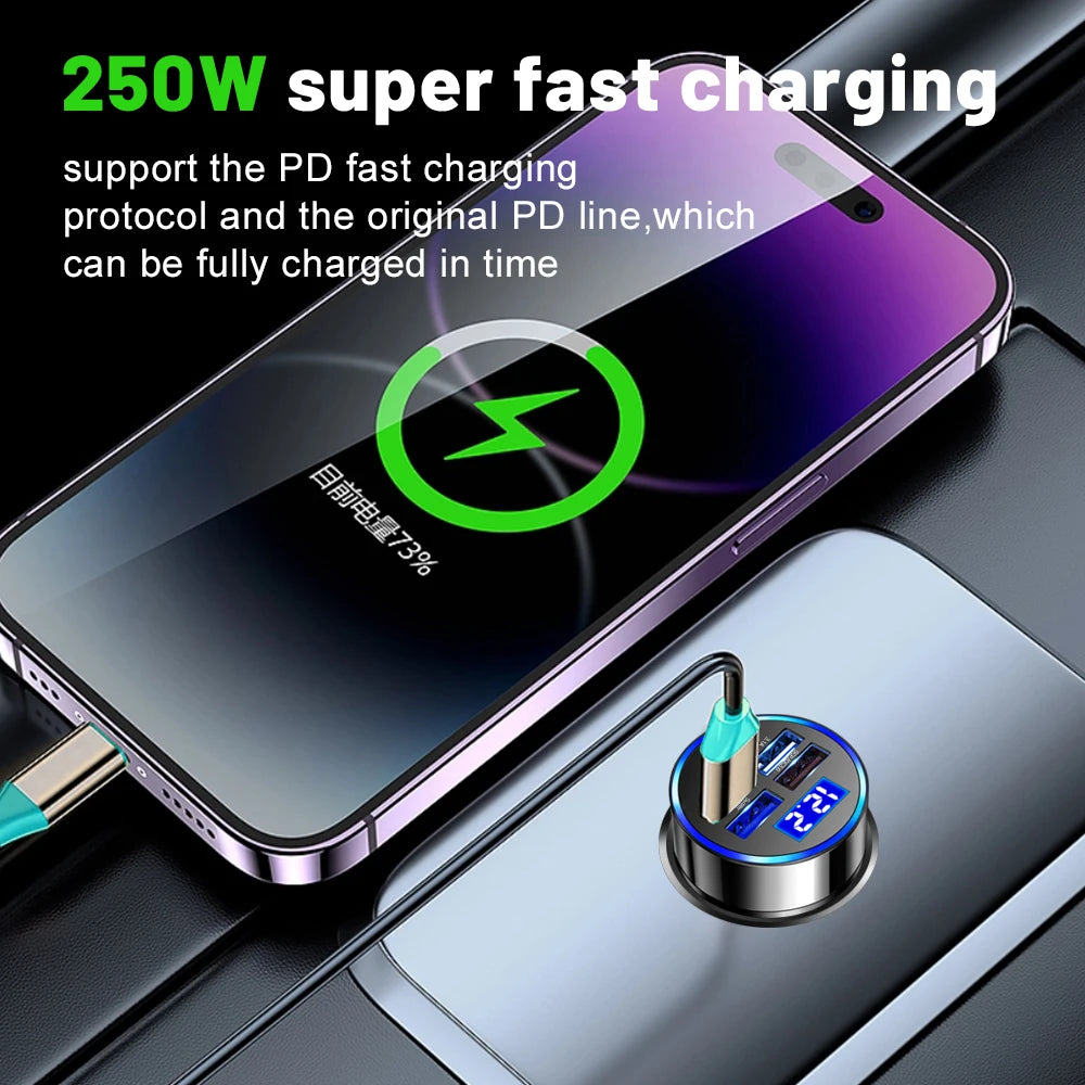 5 Ports 250W Car Charger Fast Charging PD QC3.0 USB C Car Phone Charger Type C Adapter in Car For iphone Samsung Huawei Xiaomi