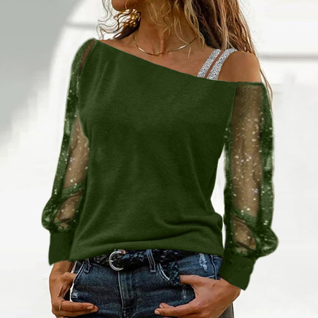 Solid Color Lace V Neck Long Sleeved Shirt