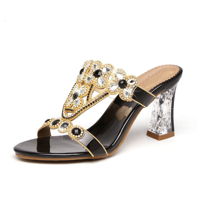 High-heeled Rhinestone Sandals Fashion Block-heeled Diamond Flower Sandals