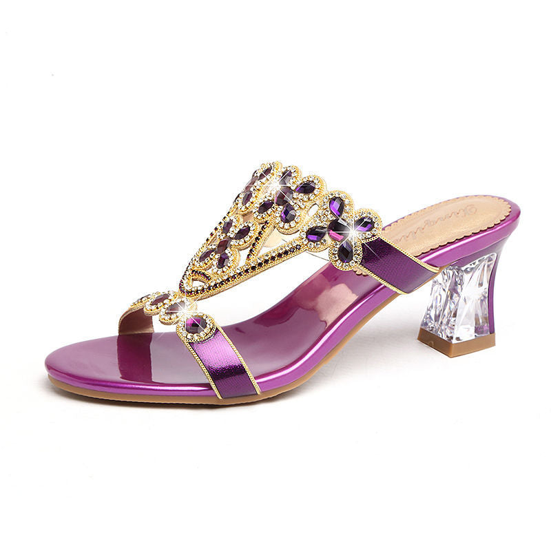 High-heeled Rhinestone Sandals Fashion Block-heeled Diamond Flower Sandals