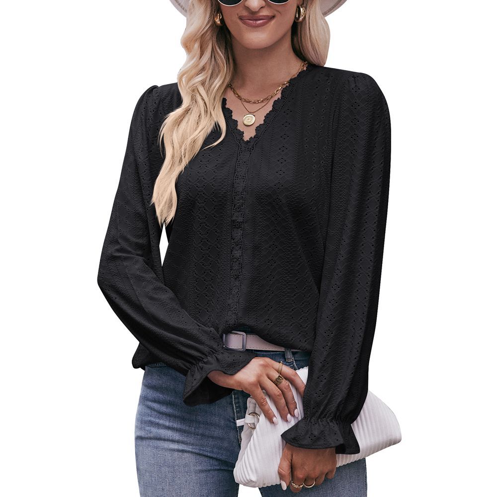 Fashion Lace V-neck Long Sleeve Top