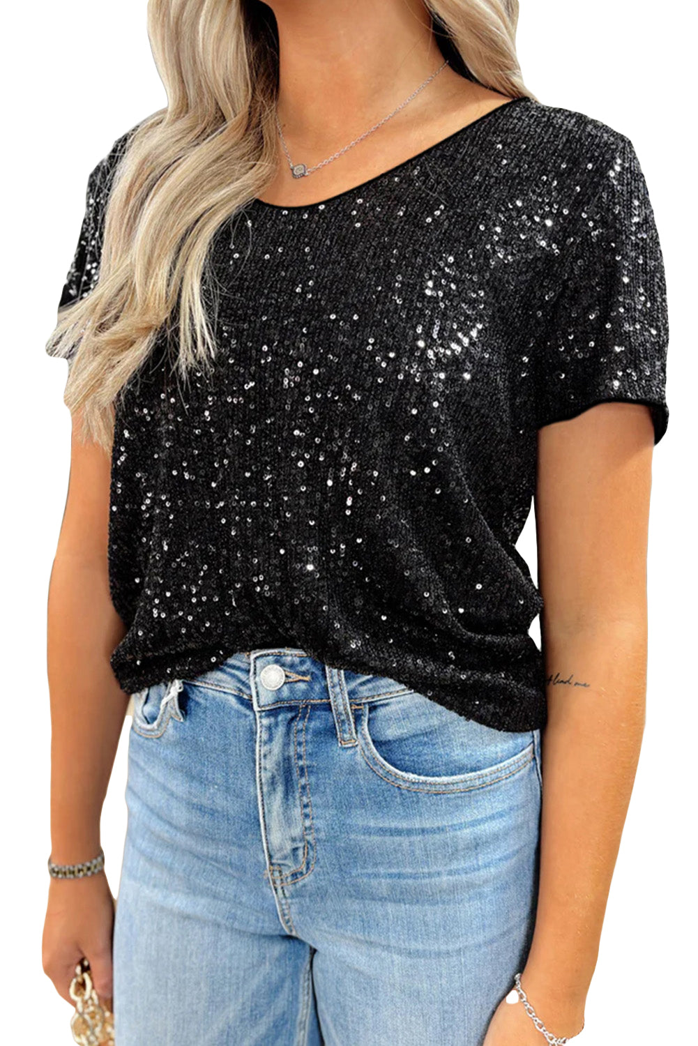 Black Short Sleeve Sequin Top