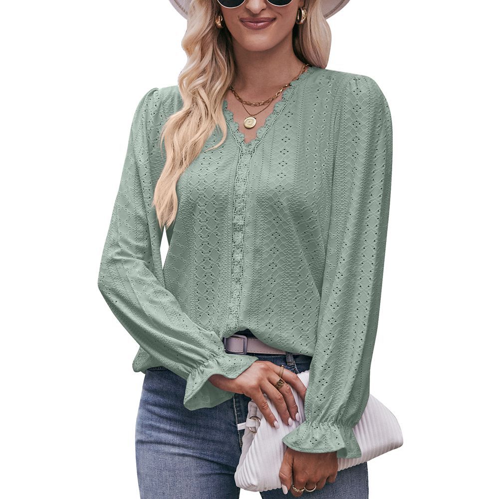 Fashion Lace V-neck Long Sleeve Top