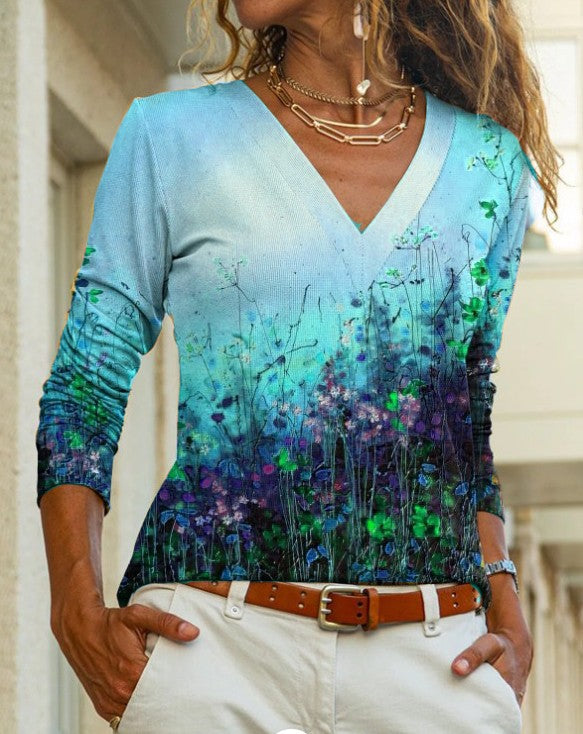 New Printed V-neck Long-sleeve T-shirt For Women