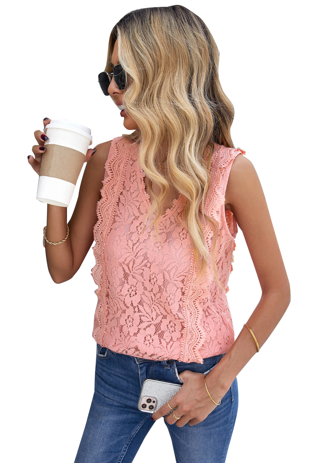 Pink Lace V Neck Tank Top