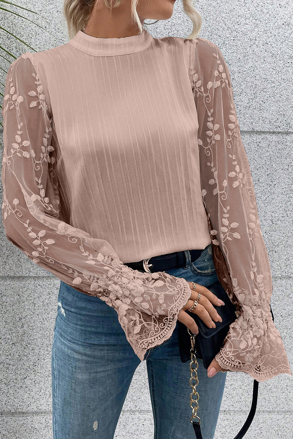 Apricot Pink Contrast Lace Sleeve Mock Neck Textured Blouse