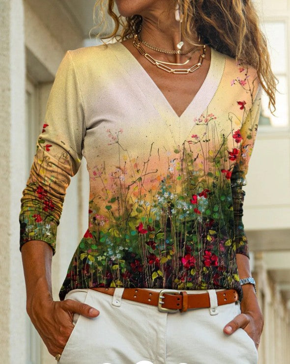 New Printed V-neck Long-sleeve T-shirt For Women