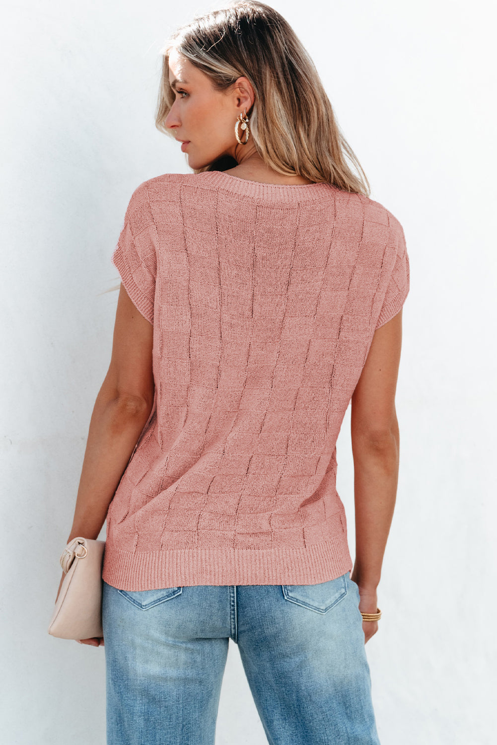 Gray Lattice Textured Knit Short Sleeve Sweater