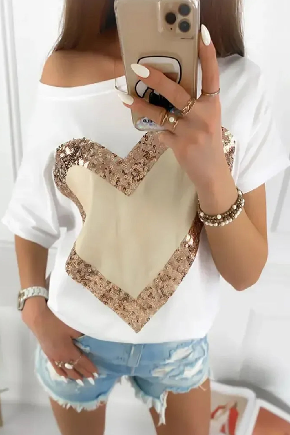 White Valentine's Day Sequined Heart Crew Neck Short Sleeve Top