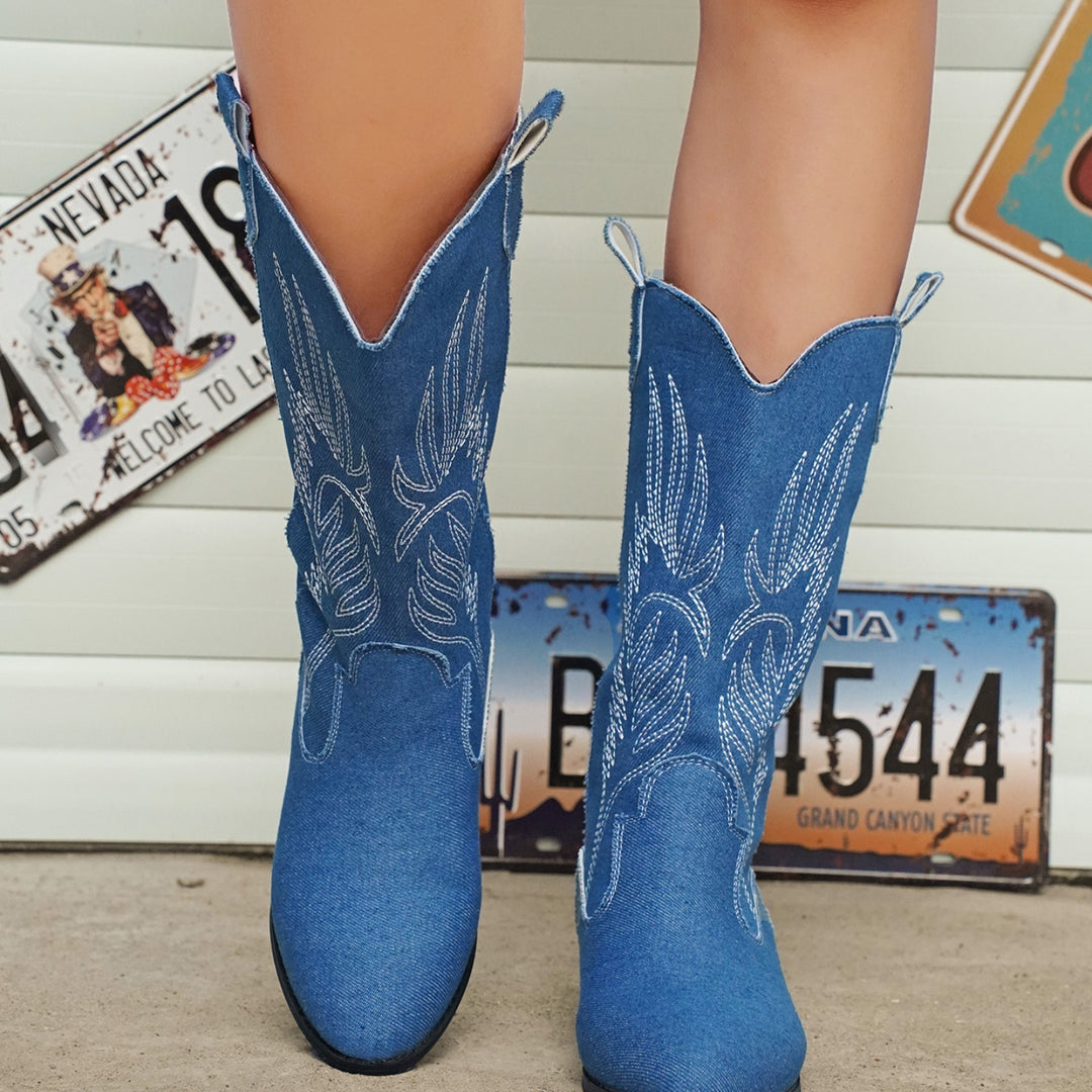 Embroidered Point Toe Block Heel Boots