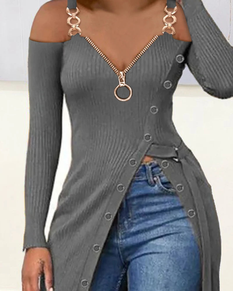 Autumn Women  Chain Strap High Split Zip Front Top 2023 Femme Casual Cold Shoulder Blouse Office Lady Outfits Clothing Traf