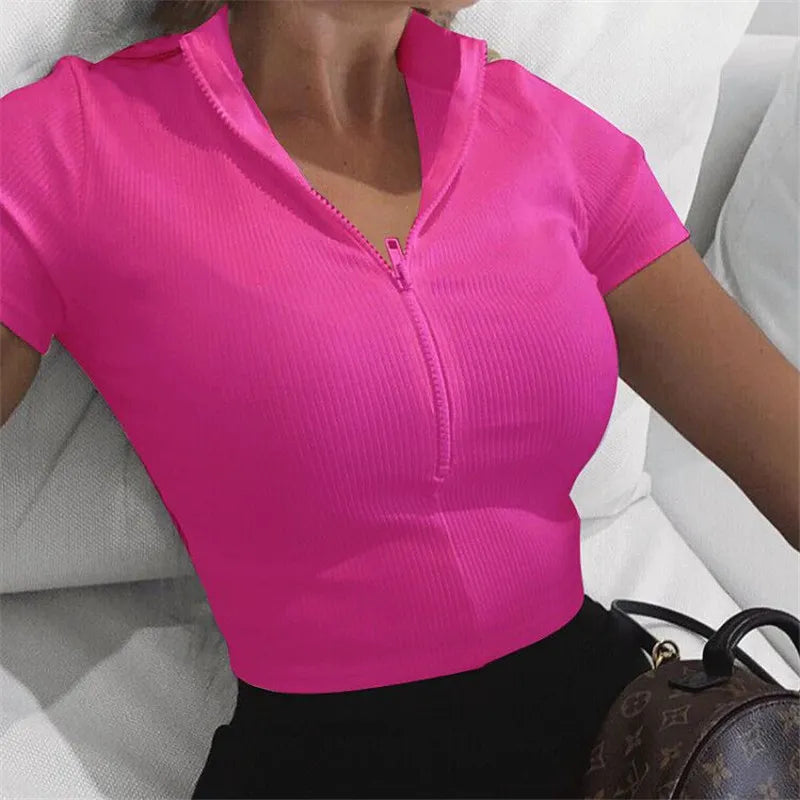 Retro Hot Fashion Slim Fit Zipper Stretch Knitted T Shirt Women Female Bustier Corset High Neck Skinny Croped tee lady shirt