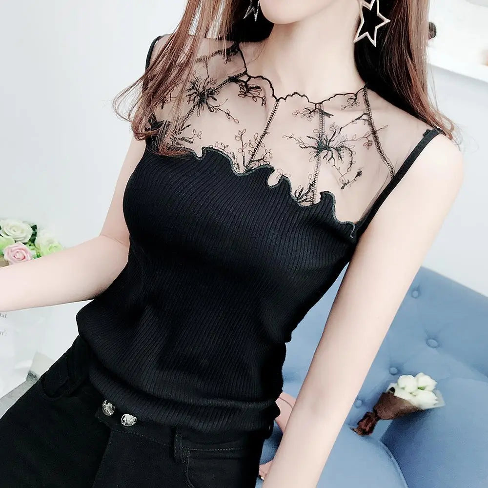 Women Corset Tops Mesh Embroidered Lace Stitching Thread Vest Camisole Top Tank Camis Crop Top For Women