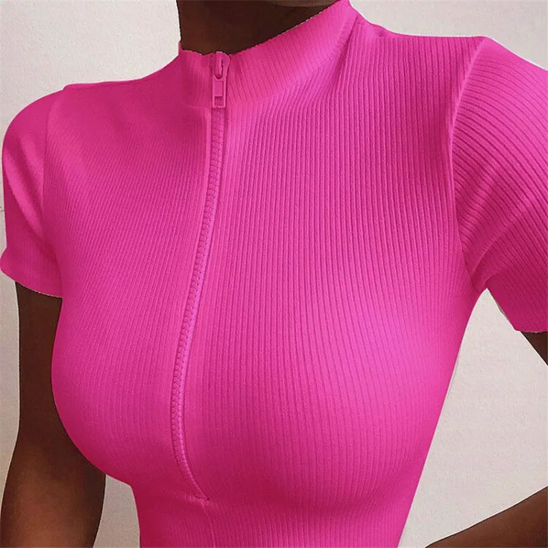 Retro Hot Fashion Slim Fit Zipper Stretch Knitted T Shirt Women Female Bustier Corset High Neck Skinny Croped tee lady shirt