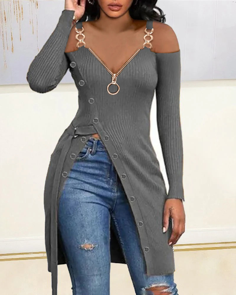 Autumn Women  Chain Strap High Split Zip Front Top 2023 Femme Casual Cold Shoulder Blouse Office Lady Outfits Clothing Traf