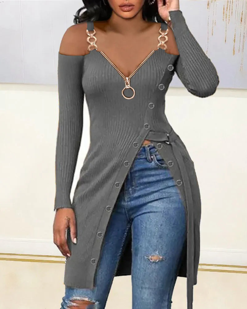 Autumn Women  Chain Strap High Split Zip Front Top 2023 Femme Casual Cold Shoulder Blouse Office Lady Outfits Clothing Traf