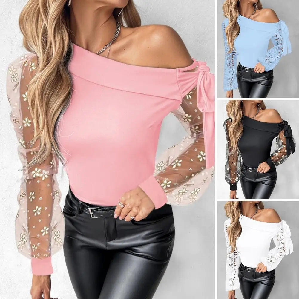 Lady T-shirt Elegant Flower Embroidery Mesh One Shoulder Blouse with Lace Up Detail Hollow Out Design for Women's Fashion Hollow