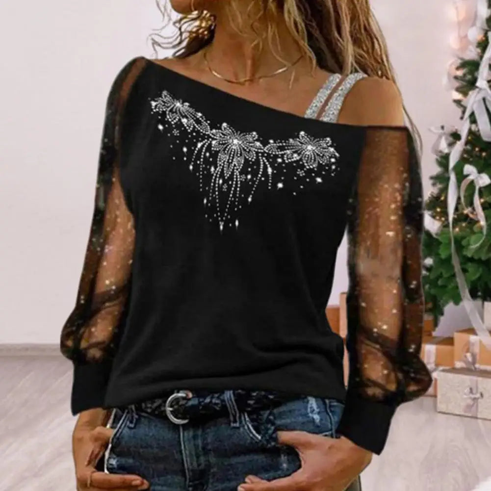 Fall Women Pullover Stunning Sequin Rhinestone Blouse Sheer Mesh Patchwork Diagonal Collar Plus Size Women's Top for Fall Spring