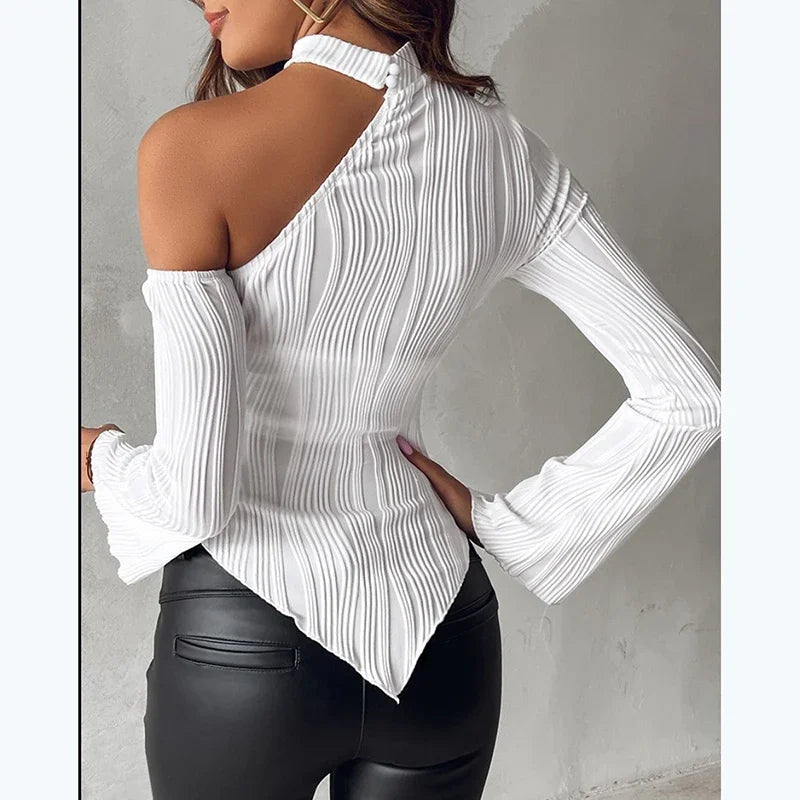 Fashion New Solid White T-Shirt Women's Halter Long Sleeve Off Shoulder Irregular Hem Shirt Elegant Office Casual Slim Clothing